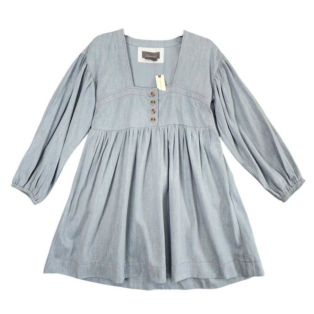 Anthropologie Denim Mini Dress Light Blue Babydoll Puff Sleeve XS Boho Cotton